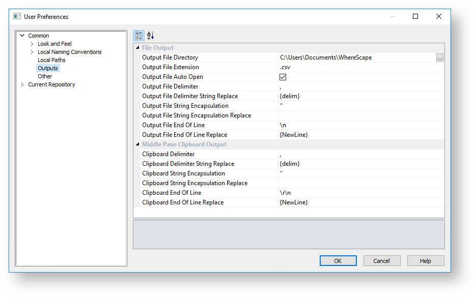 WhereScape RED 10.2.0.0 > Common > Outputs.png
