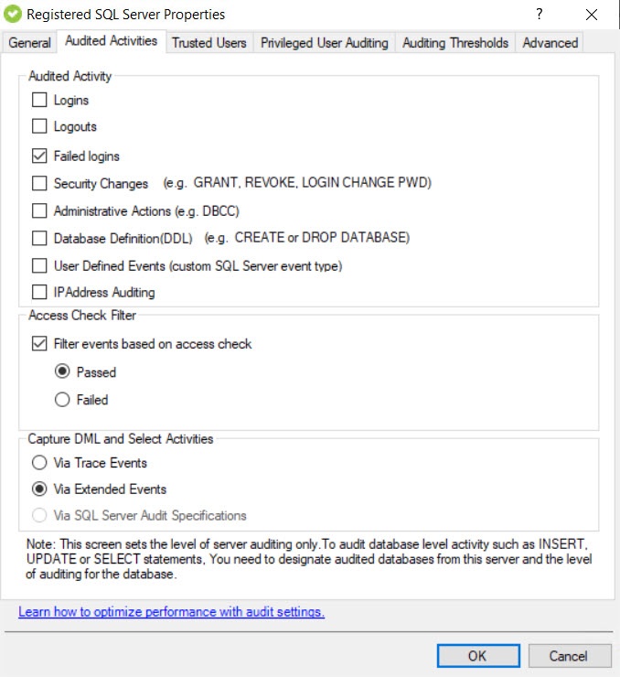 Registered SQL Server Properties window - Audited Activities tab - SQL ...